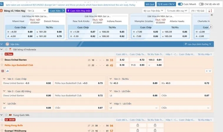 Bảng tỷ lệ kèo cá cược bóng rổ Vui123