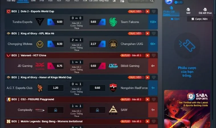 Bảng kèo cá cược Thể Thao Điện Tử Tại Vui123