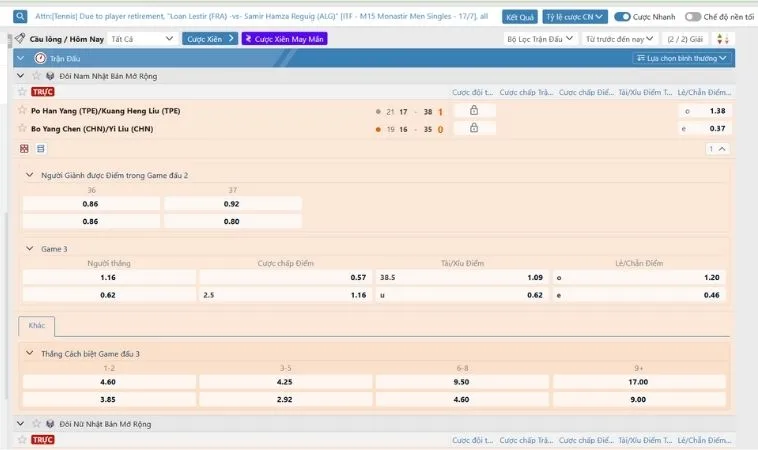 Bảng kèo cá cược Cầu Lông tại Vui123