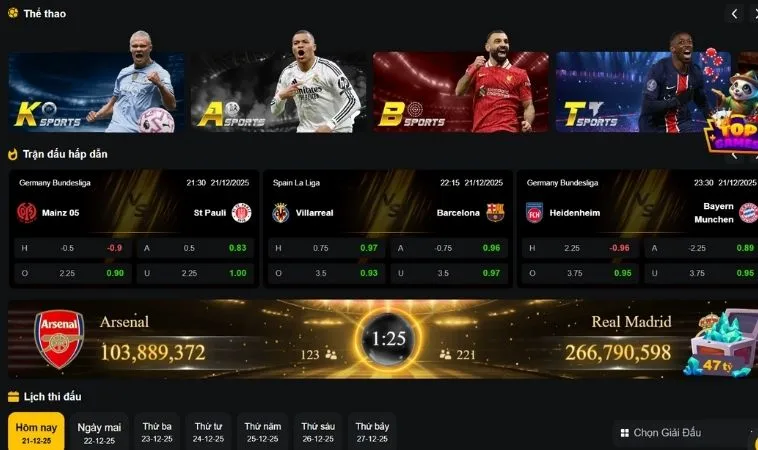 Sảnh thể thao Vui123 có đa dạng các loại kèo cược